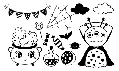 Black and white Halloween clipart. Kids Halloween doodle. Spooky season. Hand drawn vector illustration.