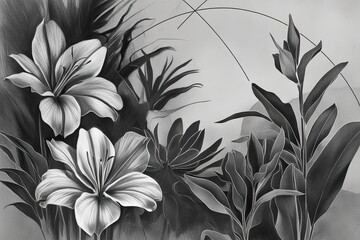 Exotic Flower Charcoal Sketch with Minimalist Artistic Background