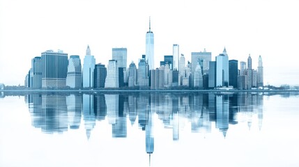 White background, New York City skyline, blue and white color theme, transparent glass buildings, 