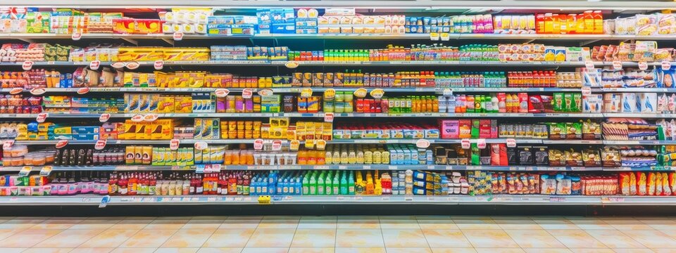 Supermarket shelves stocked with vibrant food and beverage packaging
