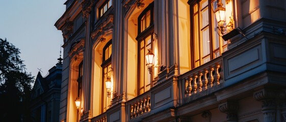 Warmly lit windows of an elegant building at dusk, showcasing classical architecture and a welcoming atmosphere.