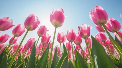 Fototapeta premium A field of pink tulips under a bright spring sky, symbolizing beauty, growth, and the arrival of spring