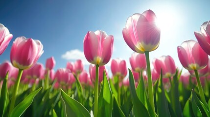 A field of pink tulips under a bright spring sky, symbolizing beauty, growth, and the arrival of spring