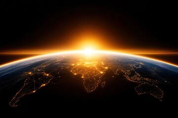 Obraz premium Stunning view of Earth from space during sunrise, highlighting the planet's beauty and the twinkling city lights.