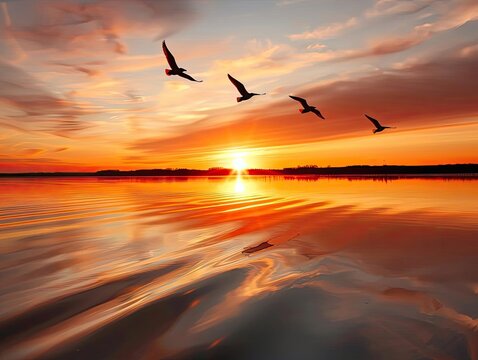 Sun setting as birds depart from a tranquil lake, glowing colors, wideangle lens, rippling water, serene reflection, peaceful evening, nature s transition,