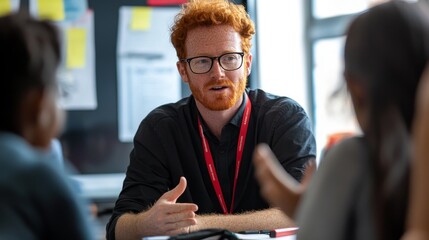 A man with glasses and red hair is talking to a group of children