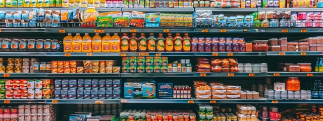 Diverse grocery items displayed on brightly lit supermarket shelves © Juan