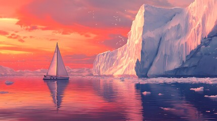 A sailboat passing by an enormous iceberg at dawn, soft orange and pink hues reflecting off the icy surface, intricate ice formations with deep crevices, sailboat placed in the lower left third,