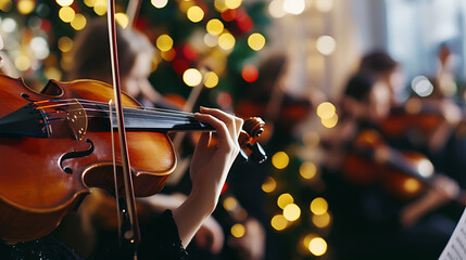 Close-up of a violin being played in front of a Christmas tree with warm holiday lights, creating a...