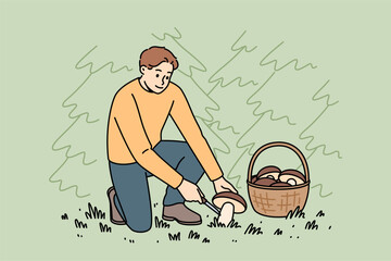 Man mushrooms picker cuts fungus and puts it in basket, located in forest clearing with coniferous trees. Guy with hobby of picking mushrooms, enjoys active recreation away from city © Dzianis Vasilyeu