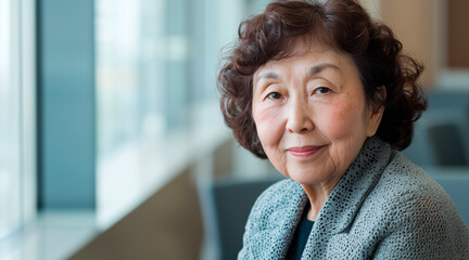 an elderly Asian woman, sitting in an office and looking at the camera with a smile on her face. She is wearing a grey jacket and has shiny dark brown hair, appearing youthful