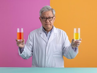 Scientist conducting an experiment with impractical ingredients, colorful lab, medium shot, quirky expression, sense of fun, playful chaos, whimsical setup,