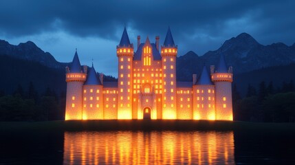 Obraz premium Enchanted Fantasy Castle Illuminated by Glowing Lights in Stunning