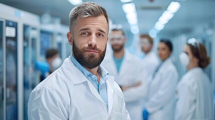 Fototapeta premium Rejected scientist leaving a research lab, sterile environment, medium shot, somber expression, colleagues in the background, sense of loss, fluorescent lighting,