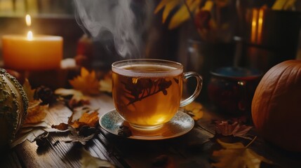 Isolated shot of_a mug of_ a hot_drink, in autumn