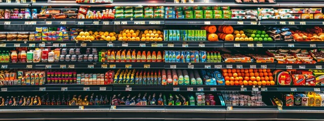 Assorted food products neatly arranged on supermarket shelves