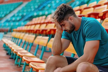Rejected athlete sitting on a bench, empty stadium, medium closeup, head in hands, muted colors, sense of failure, echoing silence, solitary moment,