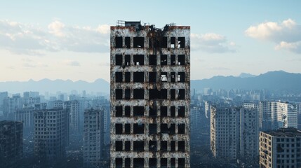 Obraz premium Eerie Postapocalyptic Cityscape - Detailed of Crumbling Buildings in Quality