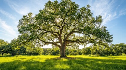 Fototapeta premium A majestic oak tree with sprawling branches, surrounded by lush green grass and a clear blue sky on a sunny day
