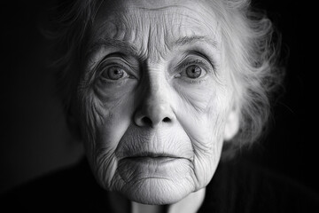 An elderly woman with deeply lined features indicates a life full of experiences and wisdom, captured in a close-up black and white photograph, highlighting her expressive and wise nature.