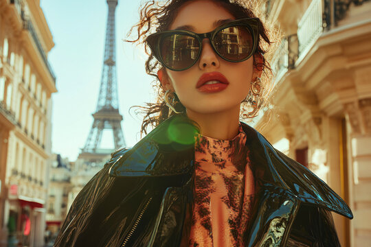A person wearing a black jacket stands in front of the iconic Eiffel Tower in Paris, capturing the elegance of the city's architecture and the essence of urban style.