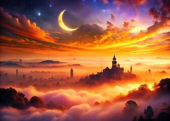 Vibrant orange and purple swirls engulf a mystical cityscape, bathed in an eerie mist, as a crescent moon hangs low in the darkening sky