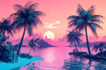 A vibrant tropical landscape at sunset with palm trees and tranquil waters.