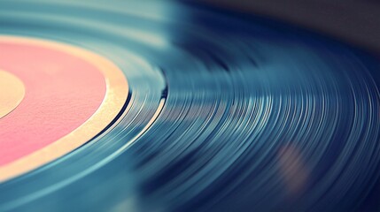 Close-up of a spinning vinyl record in soft lighting, retro music vibes, abstract view of grooves in a colorful record for audio enthusiasts