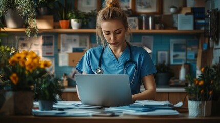 Fototapeta premium Focused Young Female Healthcare Professional Working on Laptop Amidst Paperwork in Busy Clinic