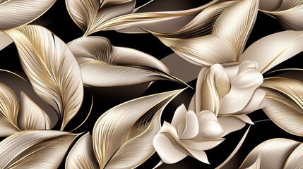 This captivating design features metallic gold foil feathers and glitter on a rich black backdrop, blending modern luxury with Art Deco elegance for a stylish, opulent aesthetic SEAMLESS PATTERN