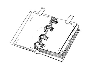 Open spiral notebook, notepad with blank pages. Business organizer, planner, diary drawn in vintage style. Contoured outlined vector illustration with dividers and tags, isolated on white background