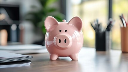 A pink piggy bank placed on a modern office desk, symbolizing personal finance and investment planning