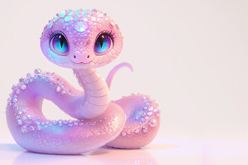 Fototapeta premium A cute, colorful snake with blue eyes and pink scales. The snake is sitting on a white background