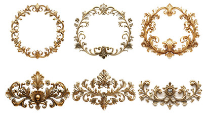 Golden ornate frames with intricate patterns isolated on transparent background