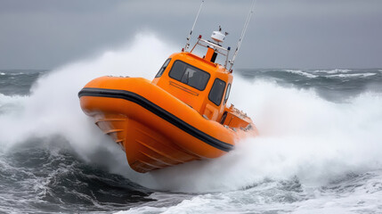 Fototapeta premium A small orange boat is riding on a large wave, AI