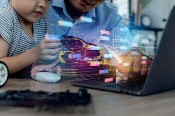 A little boy and teacher do robotic arduino project together, technology of robotics programing and STEM education concept.