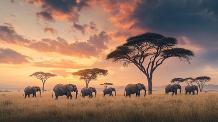 Fototapeta premium Elephants at Sunset in the African Savanna