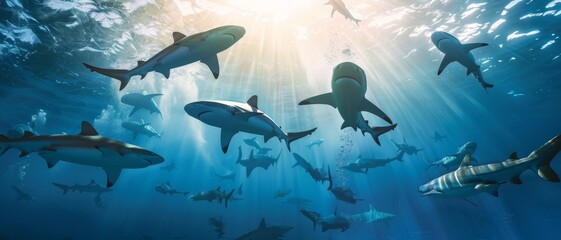 An underwater scene featuring a school of sharks swimming gracefully through sunlit, crystal-clear blue waters.