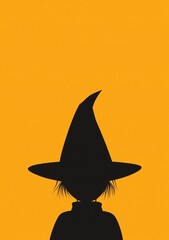 Fototapeta premium Silhouette of a witch on orange background, minimalist witch illustration with pointed hat, spooky Halloween concept in simple design