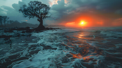 Dramatic depiction of climate change and rising sea levels, showing a massive wave approaching flooded coastlines, the devastating impact of global warming and the extreme risk of future flooding.