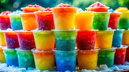 Colorful slushy cups filled with fruity sweetness, stacked high in a refreshing display, with ice crystals glistening in the morning light.