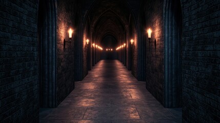 Fototapeta premium Eerie Gothic Corridor with Flickering Candles - High-Quality for Horror or Halloween Themes