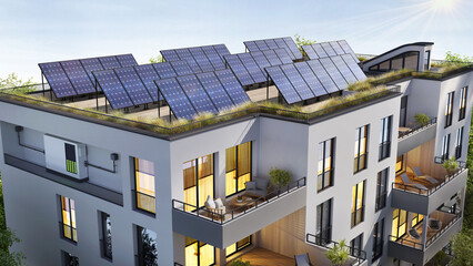 Modern residential building with solar panels and storage batteries