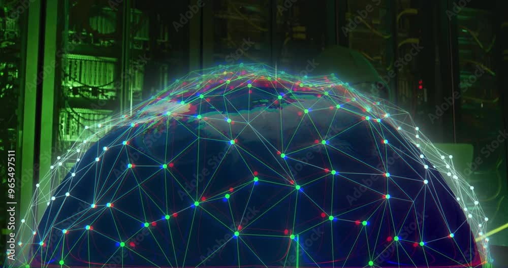 Poster animation of digital data processing with globe over computer servers