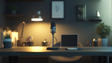Podcasting in a Minimalist Studio. A minimalist-style studio with a single microphone ,laptop. The clean lines of the furniture are blurred, with the focus on the crisp, modern podcasting equipment