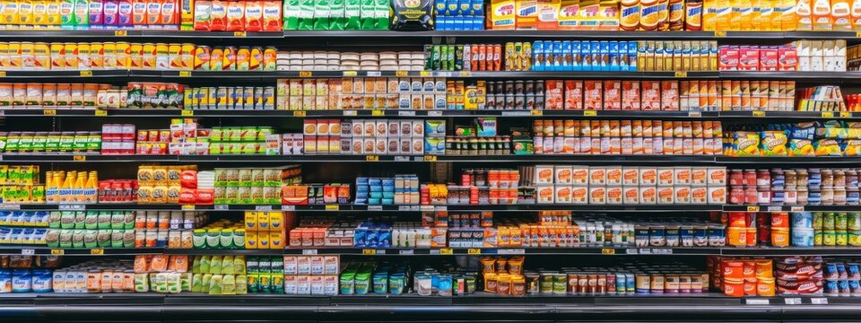 Assorted grocery items neatly arranged on supermarket shelves