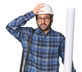 Hispanic male architect with plans being shocked, she has remembered important meeting.