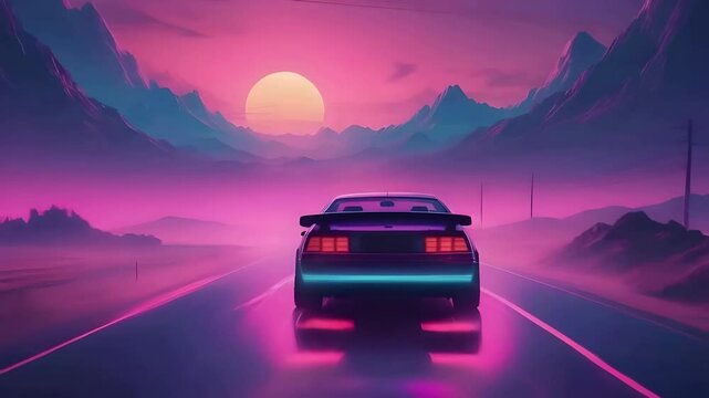Summer vibes 80s style illustration with car driving into sunset with foggy landscape