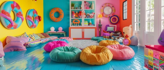 A vibrant room adorned with colorful, playful décor, including bean bags and wall art, creates a lively and inviting space perfect for relaxation and imagination.