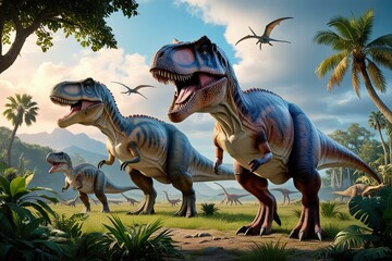 Fototapeta premium Dinosaurs Flourishing in Lush Triassic Ecosystem Surrounded by Breathtaking Wilderness